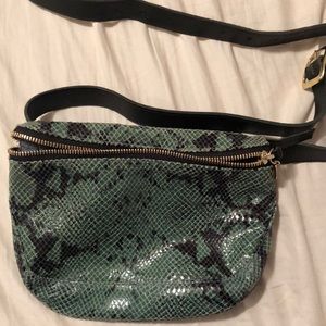 Clare v green python leather fanny pack